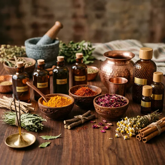 Ayurvedic oils, herbs and spices arranged on a wooden surface