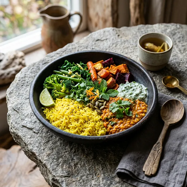 Ayurvedic meal bowl with colorful vegetables and turmeric rice
