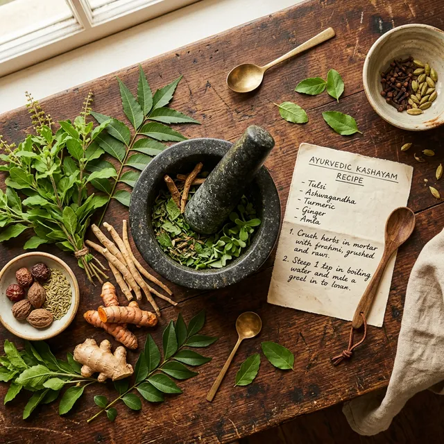 Fresh Ayurvedic herbs and mortar on rustic wooden table