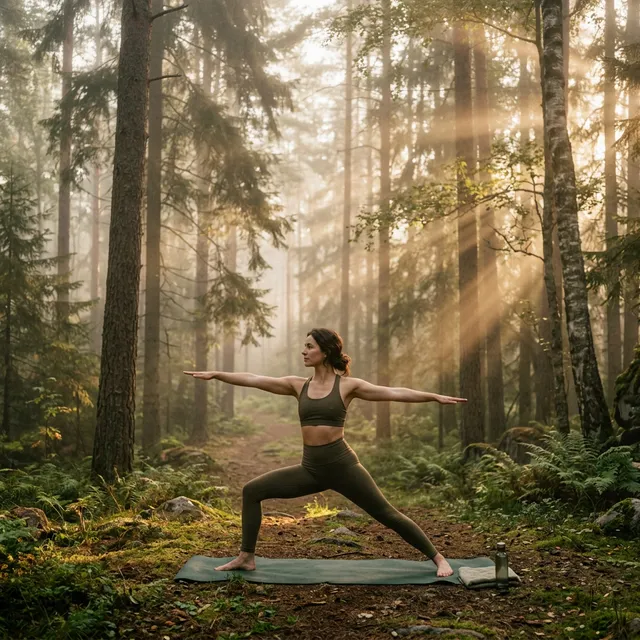 Woman practicing yoga at sunrise in a misty forest